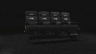 a row of black seats with the words roll left and right written on them