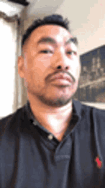 a man with a beard and mustache is wearing a black polo shirt .