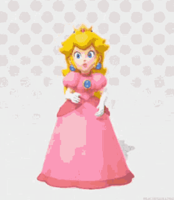 princess peach is dancing in a pink dress with her eyes closed and a crown on her head .