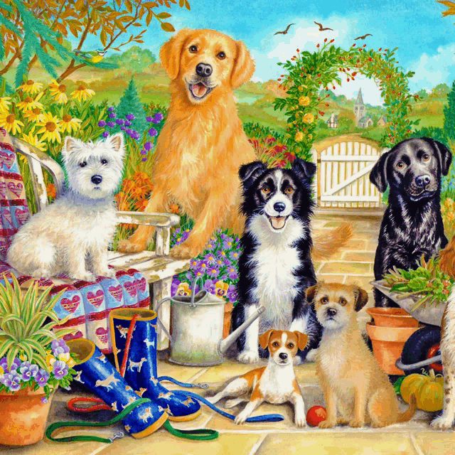 a painting of a group of dogs in a garden with a fence in the background