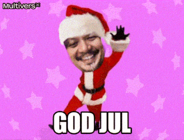 a picture of a man dressed as santa claus with the words god jul written below him