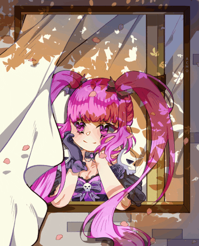 a drawing of a girl with pink hair looking out of a window