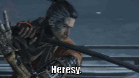 a man is holding a sword with the words heresy written below him