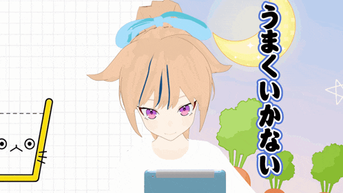 a girl with purple eyes is holding a pencil and a tablet with chinese writing behind her