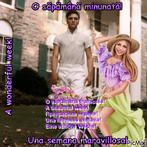 a woman in a purple dress is riding a bike next to a man on a white shirt