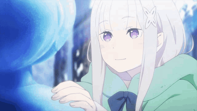 an anime girl with white hair and purple eyes