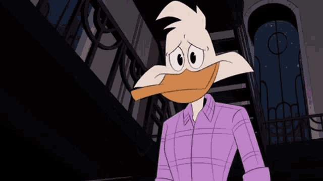 a cartoon duck is wearing a purple shirt and standing in front of a building .