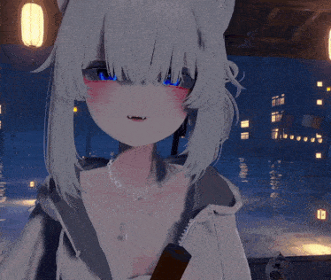 a girl with white hair and blue eyes is standing next to a pole