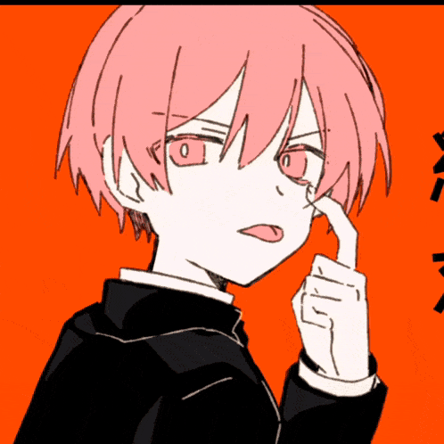 a drawing of a girl with pink hair and red eyes on a red background