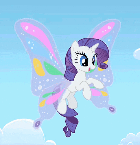 a cartoon pony with butterfly wings is flying through the air