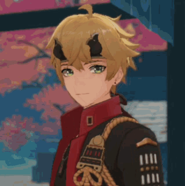 a man with horns on his head is wearing a black jacket