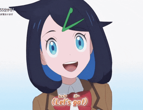 a girl with a green v on her head says let 's go '