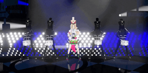 a girl in a top hat is standing in front of a drum set