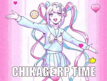 a pixel art drawing of a girl with the words " chikage rp time " below her