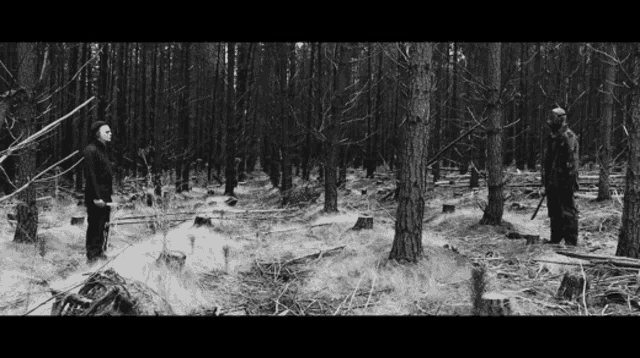 two men are standing in the middle of a forest