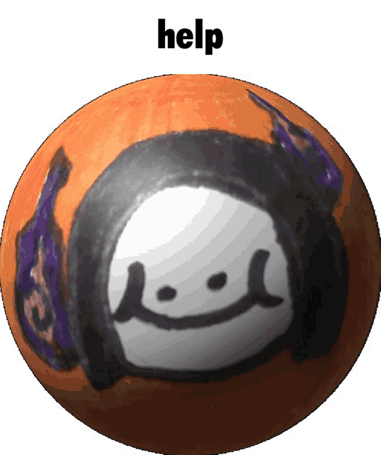 a ball with a face drawn on it and the word help written above it