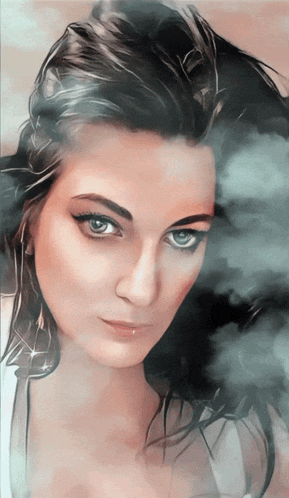a close up of a woman 's face with smoke behind her