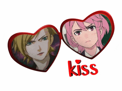 a couple of anime hearts with the word kiss in red