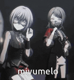 two anime girls wearing masks are standing next to each other with the word miyumelo written on the bottom