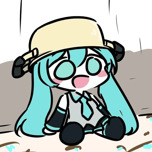 a cartoon drawing of a girl with blue hair and a hat