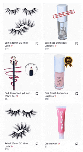 a screenshot of a website showing a variety of products including lashes and lip gloss