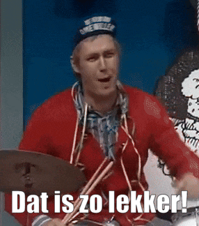 a man is playing drums with the words dat is zo lekker below him