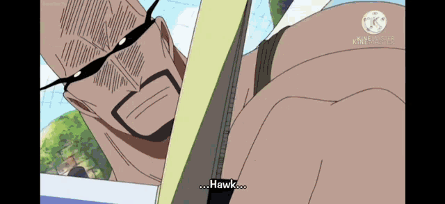 a man with a beard is holding a sword and says " hawk "