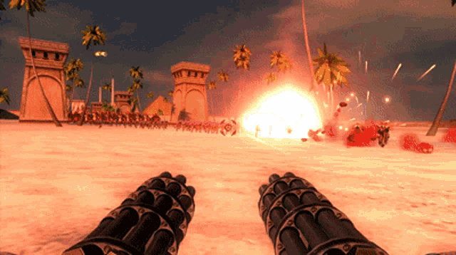 a video game is being played on a beach with a huge explosion in the background
