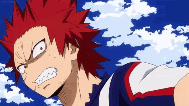 a close up of a red haired anime character with his mouth open