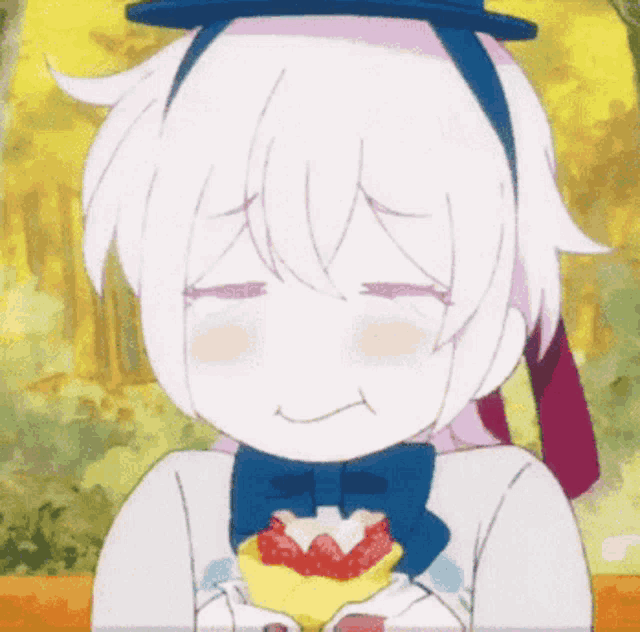 a girl with white hair and a blue bow tie is holding a piece of cake