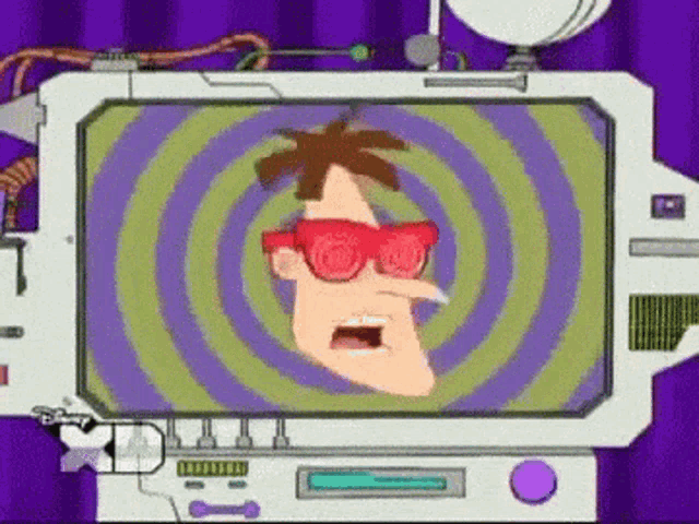 a cartoon character wearing red sunglasses is on a screen with a purple background
