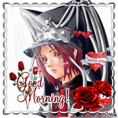a greeting card that says good morning with a picture of a girl and red roses