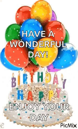 a birthday cake with balloons and candles and the words `` have a wonderful day ! enjoy your day '' .