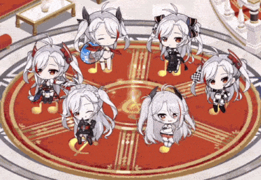 a group of anime girls are standing in a circle with a clock in the middle