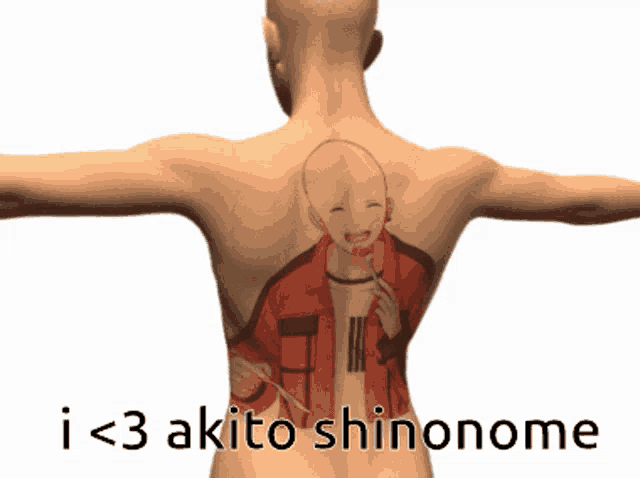 a man has a tattoo on his back that says i < 3 akito shinomore