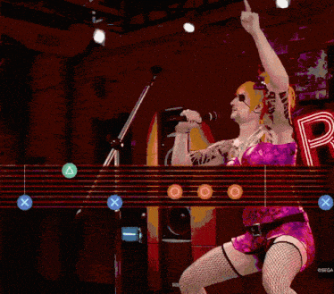 a video game screen shows a woman in a pink dress playing a guitar