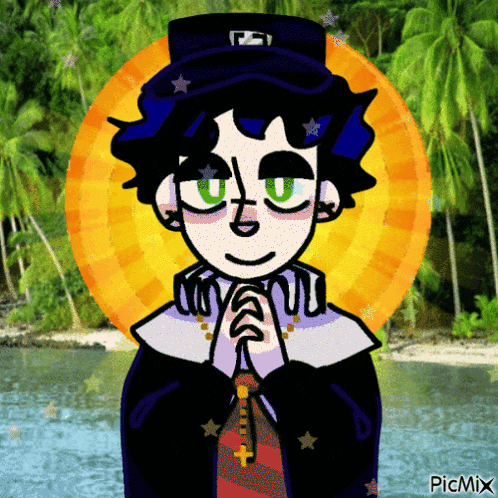 a cartoon drawing of a man with green eyes and a cross on his chest