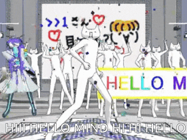 a group of people dancing in front of a sign that says hello m.