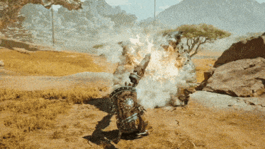 a video game character with a shield is surrounded by flames and smoke
