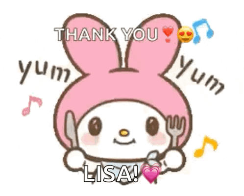 a cartoon of a bunny holding a fork and knife with the words thank you yum and lisa .