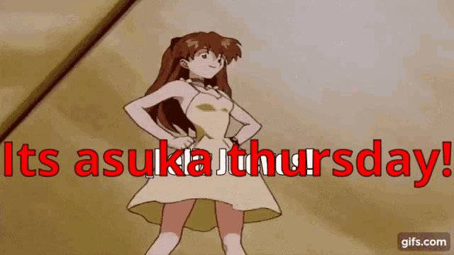 a cartoon of a girl with the words " its asuka thursday "
