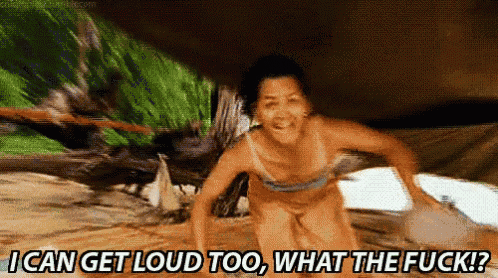 a woman in a bikini is running and says i can get loud too what the fuck ?