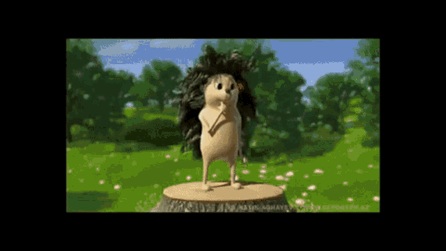 a cartoon hedgehog is standing on a tree stump in the grass