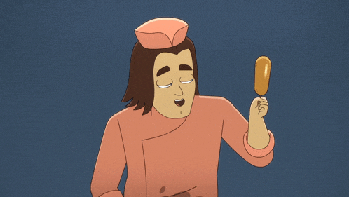 a cartoon of a man in a chef 's hat holding a hot dog