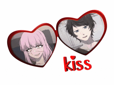 a picture of a girl and a boy in hearts with the word kiss below them
