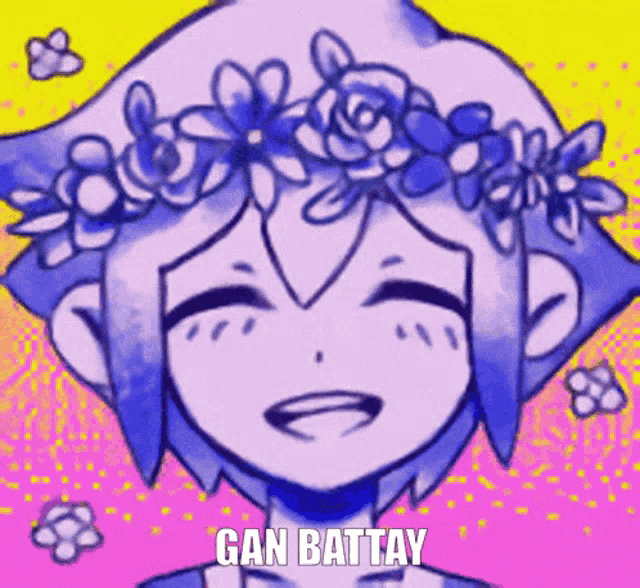 a drawing of a girl with a flower crown on her head and the words gan battay below her