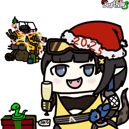 a cartoon of a girl wearing a santa hat and holding a glass of champagne
