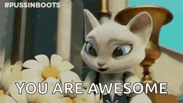 a white cat is sitting in front of a vase of flowers and says you are awesome .