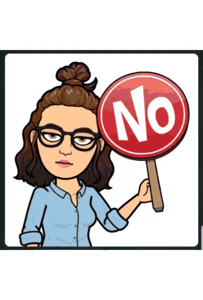 a cartoon woman is holding up a sign that says no
