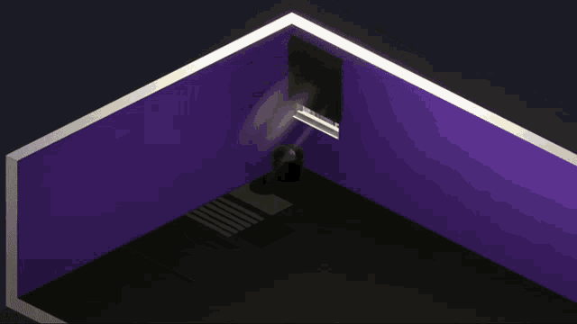 a room with purple walls and a window with blinds